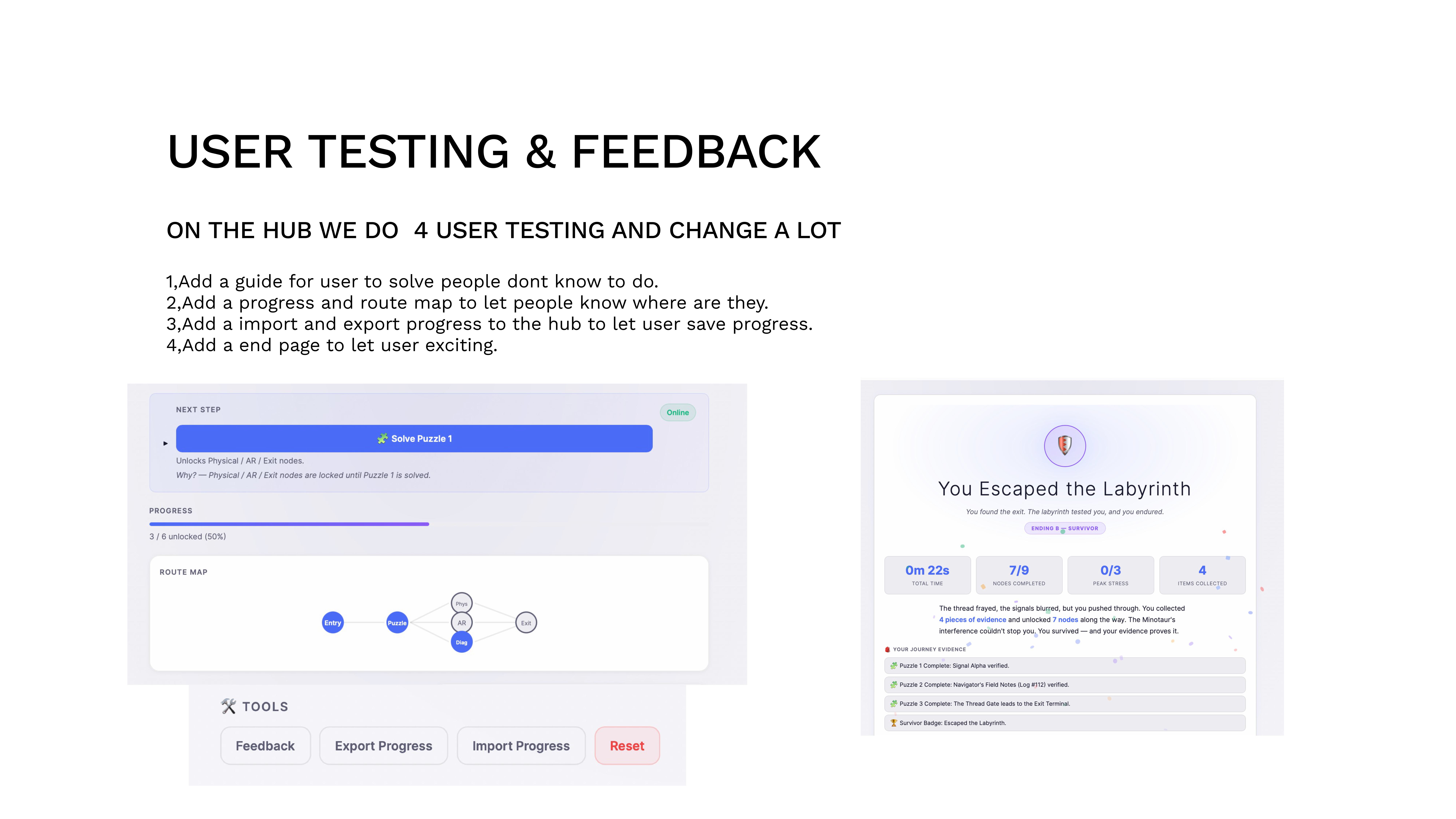 User testing and feedback documentation showing 4 key changes from testing